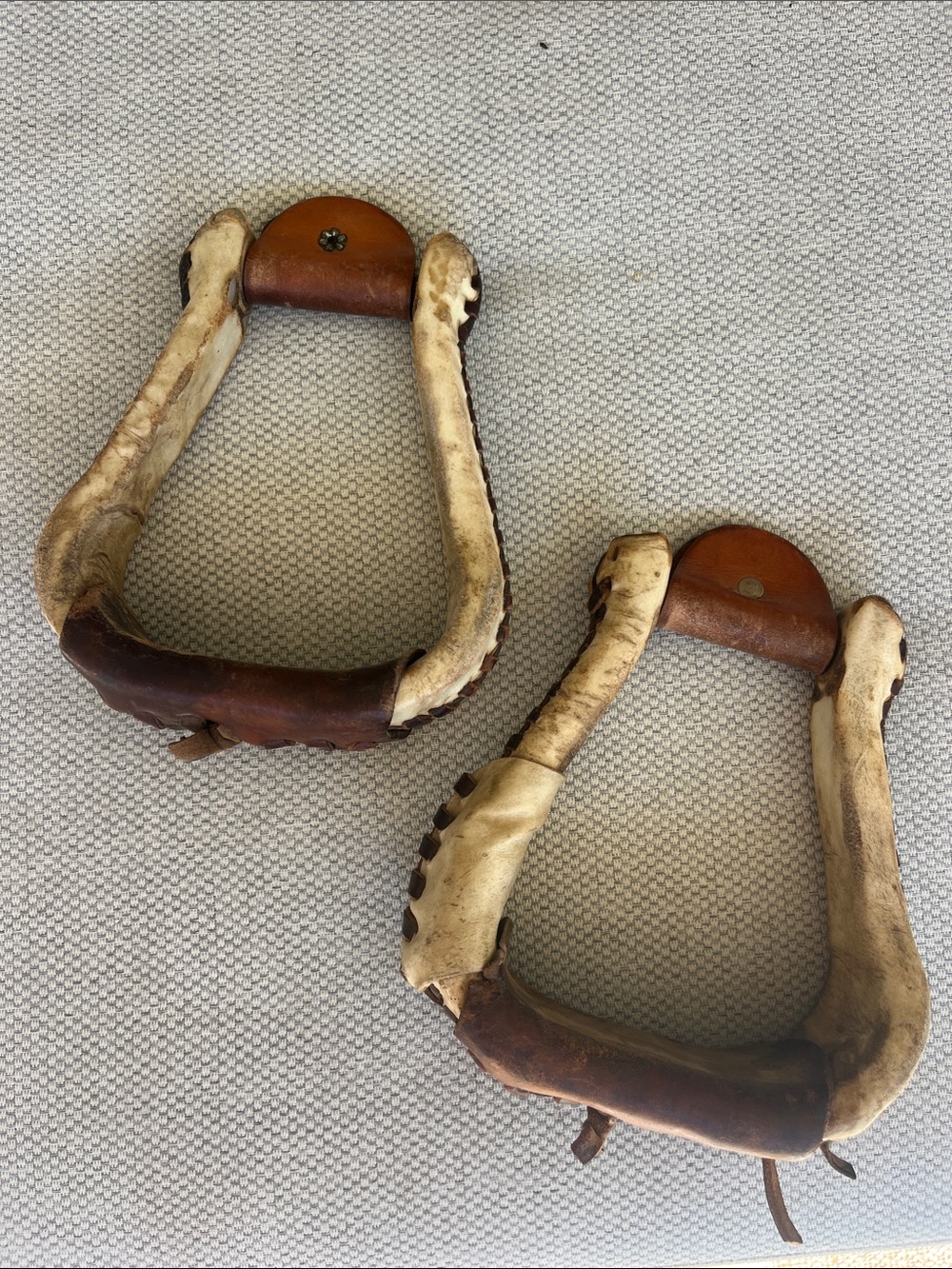 Natural raw hide covered stirrups- Cream Padded Accents